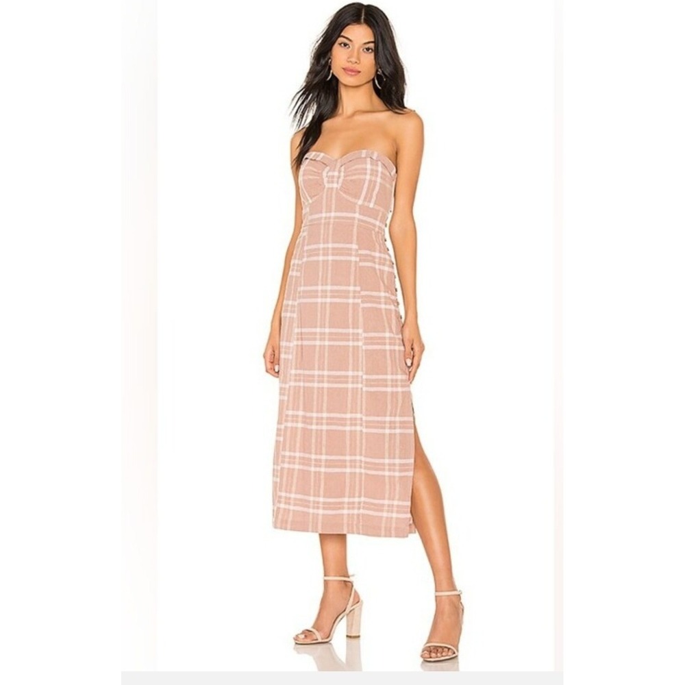 Free People Brown White Plaid Life like this Summer Strapless Linen Dress Medium